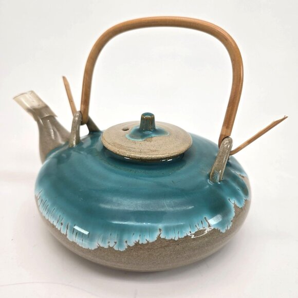 Handcrafted Ceramic Sake Teapot With Bamboo Handle & Drip Glaze Finish JE110 - Picture 4 of 10